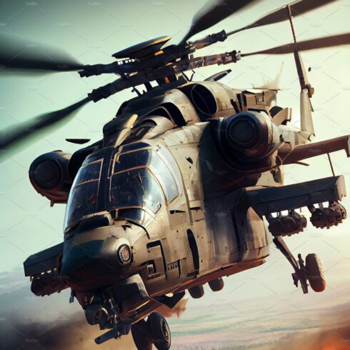 Military Helicopter Gunship Unleashing Missile attack. Military helicopter cover image.