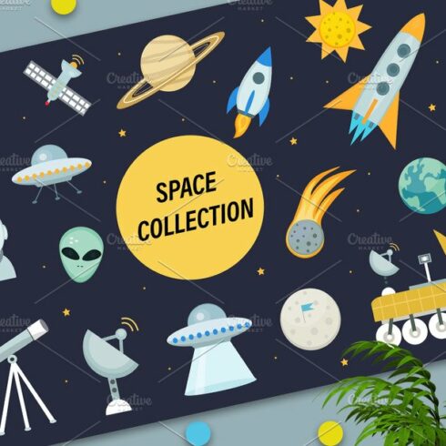 Space icon set flat style cover image.