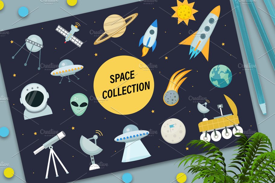 Space icon set flat style cover image.