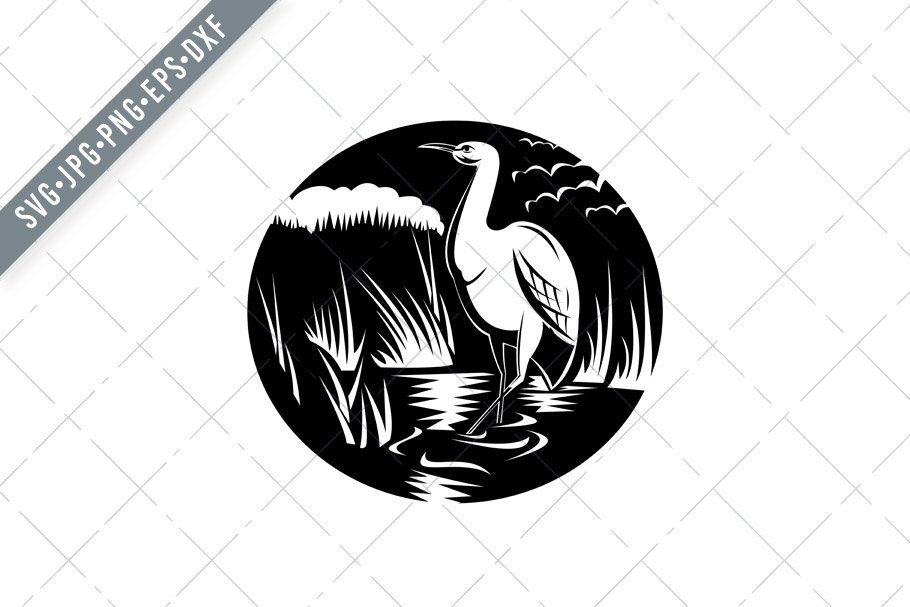 Egret or Heron in Marsh Woodcut SVG cover image.