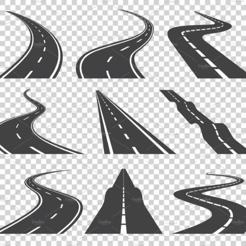 Curved roads vector set. Asphalt cover image.