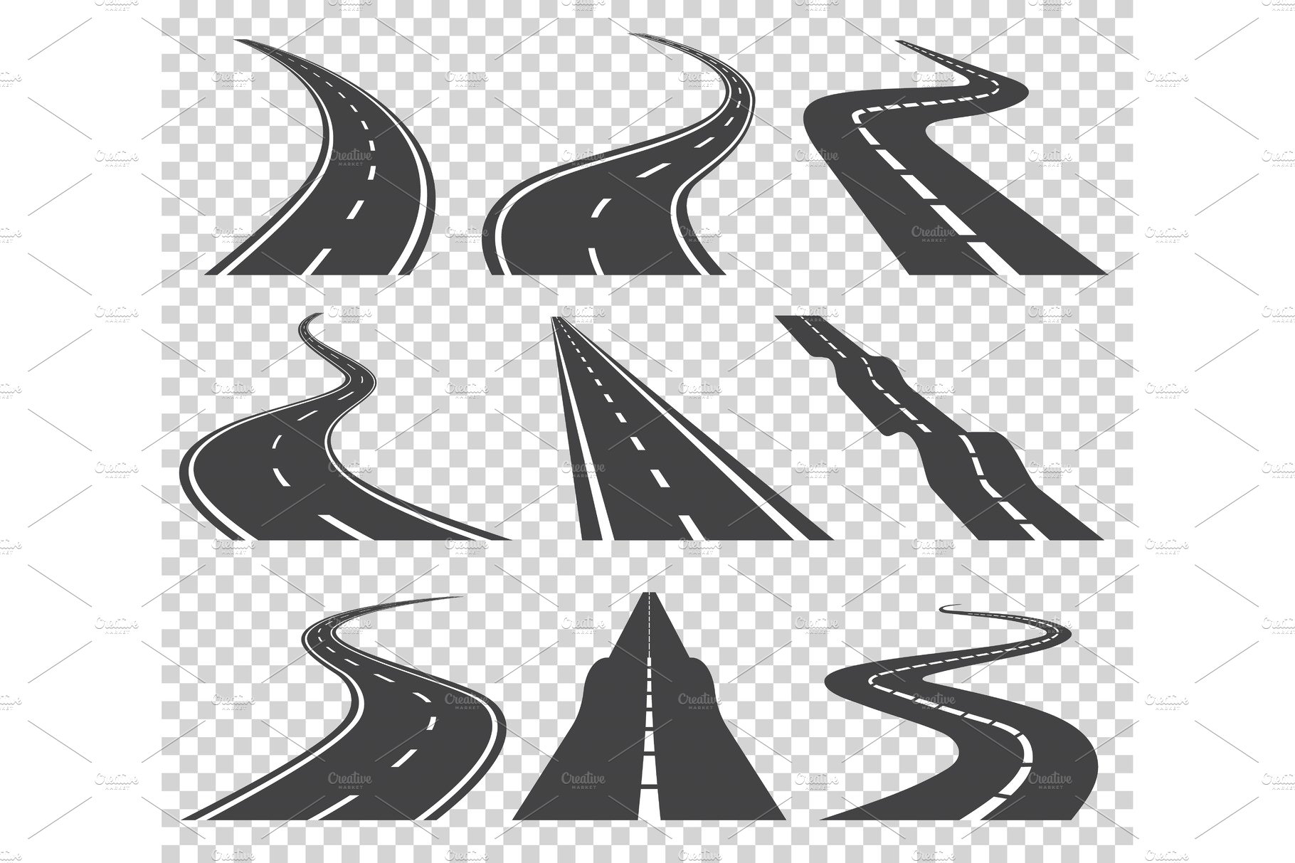 Curved roads vector set. Asphalt cover image.