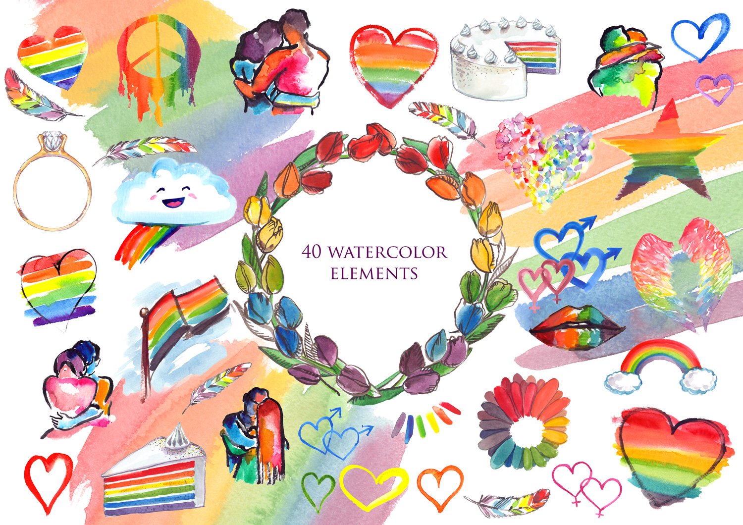 LGBT Pride rainbow watercolor set preview image.