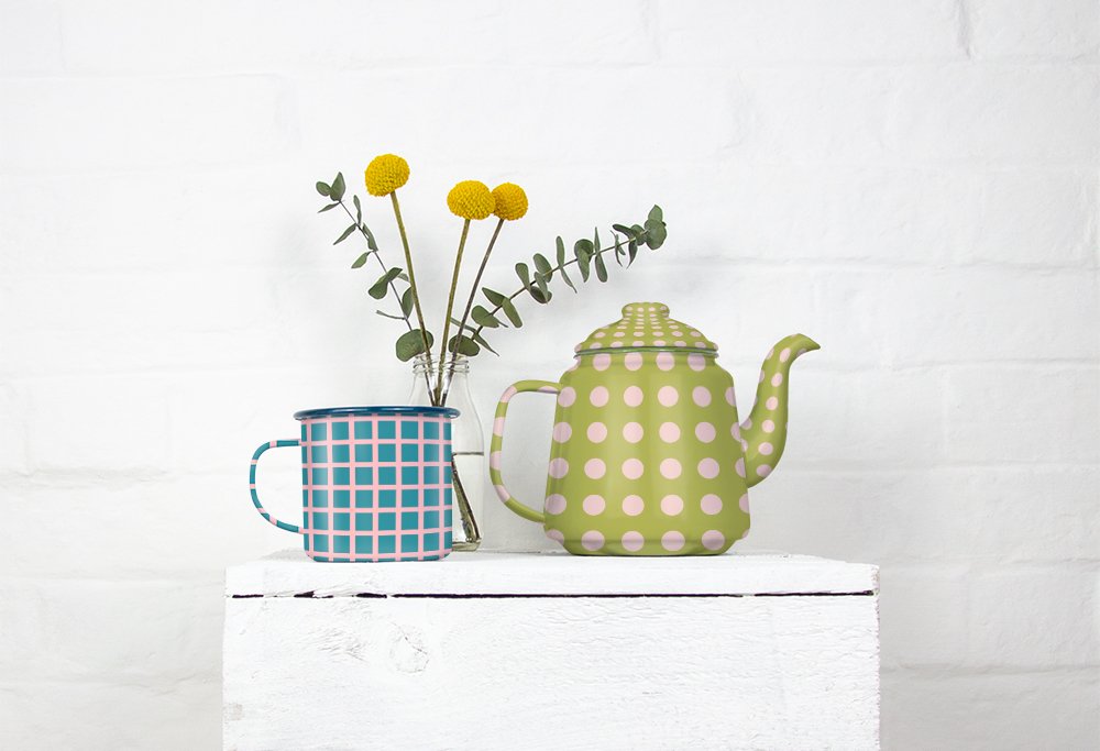 Enamel teapot and mug mockup preview image.