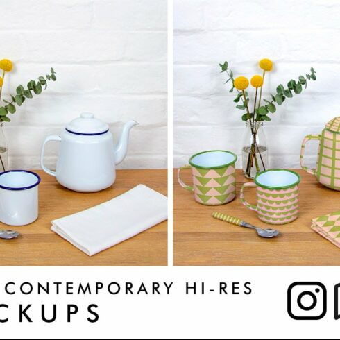 Enamel teapot and mugs mockup cover image.