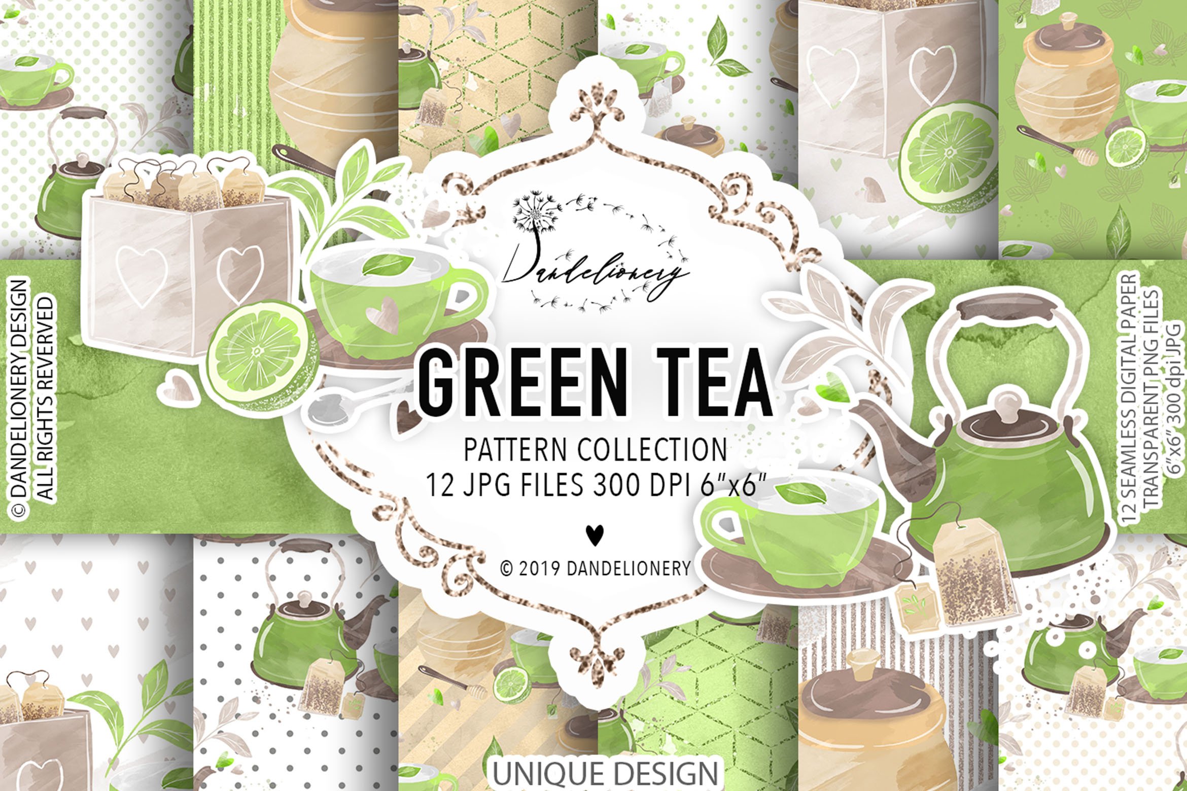 Green Tea digital paper pack cover image.