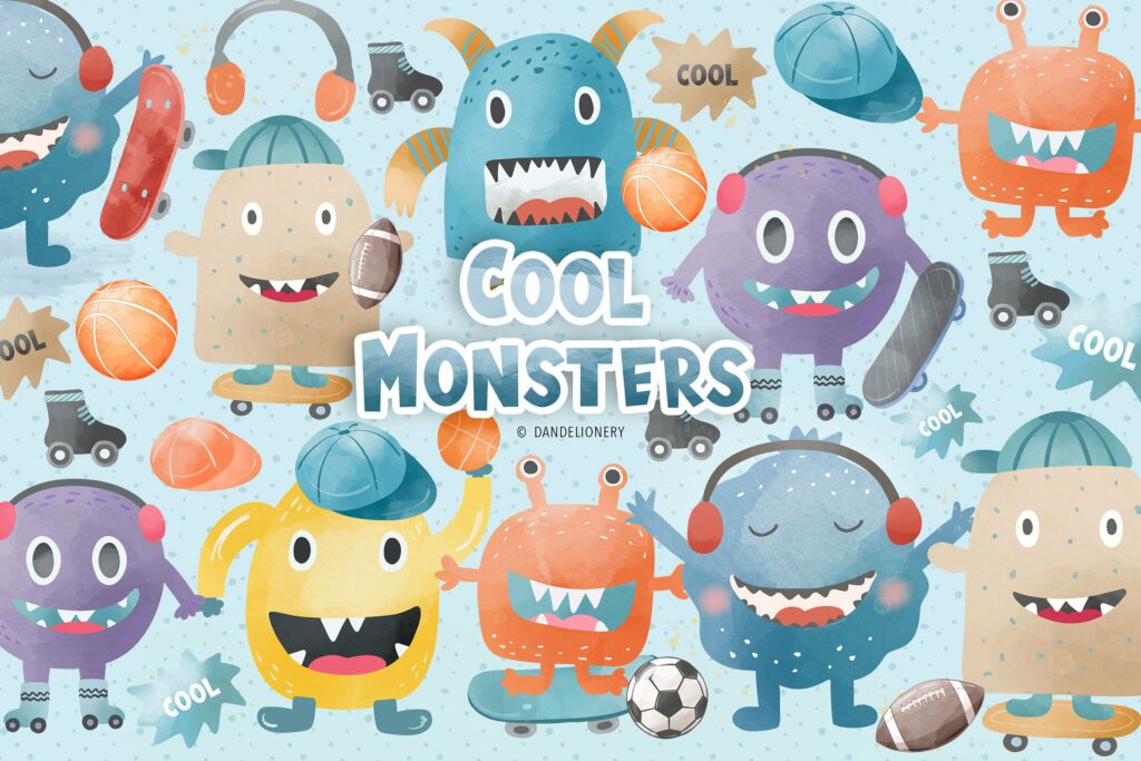 Watercolor Cool Monsters design – MasterBundles