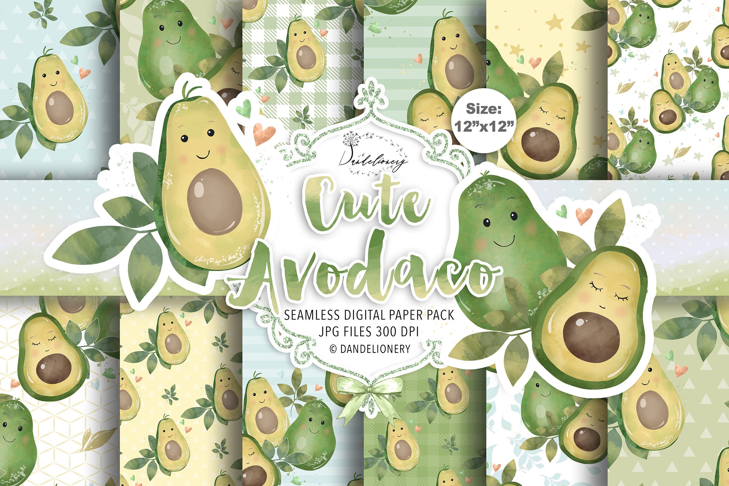 Cute Avocado digital paper pack cover image.
