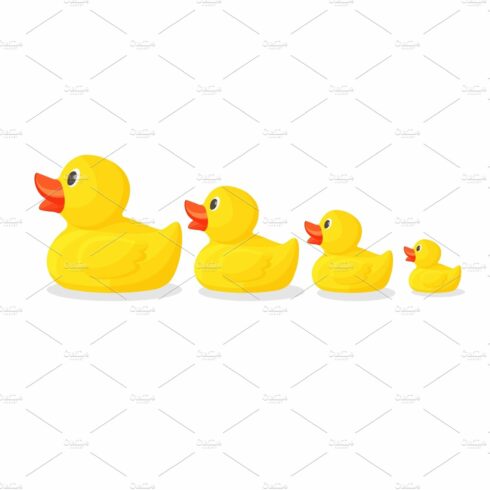 Adorable rubber ducks in row from big to small cover image.