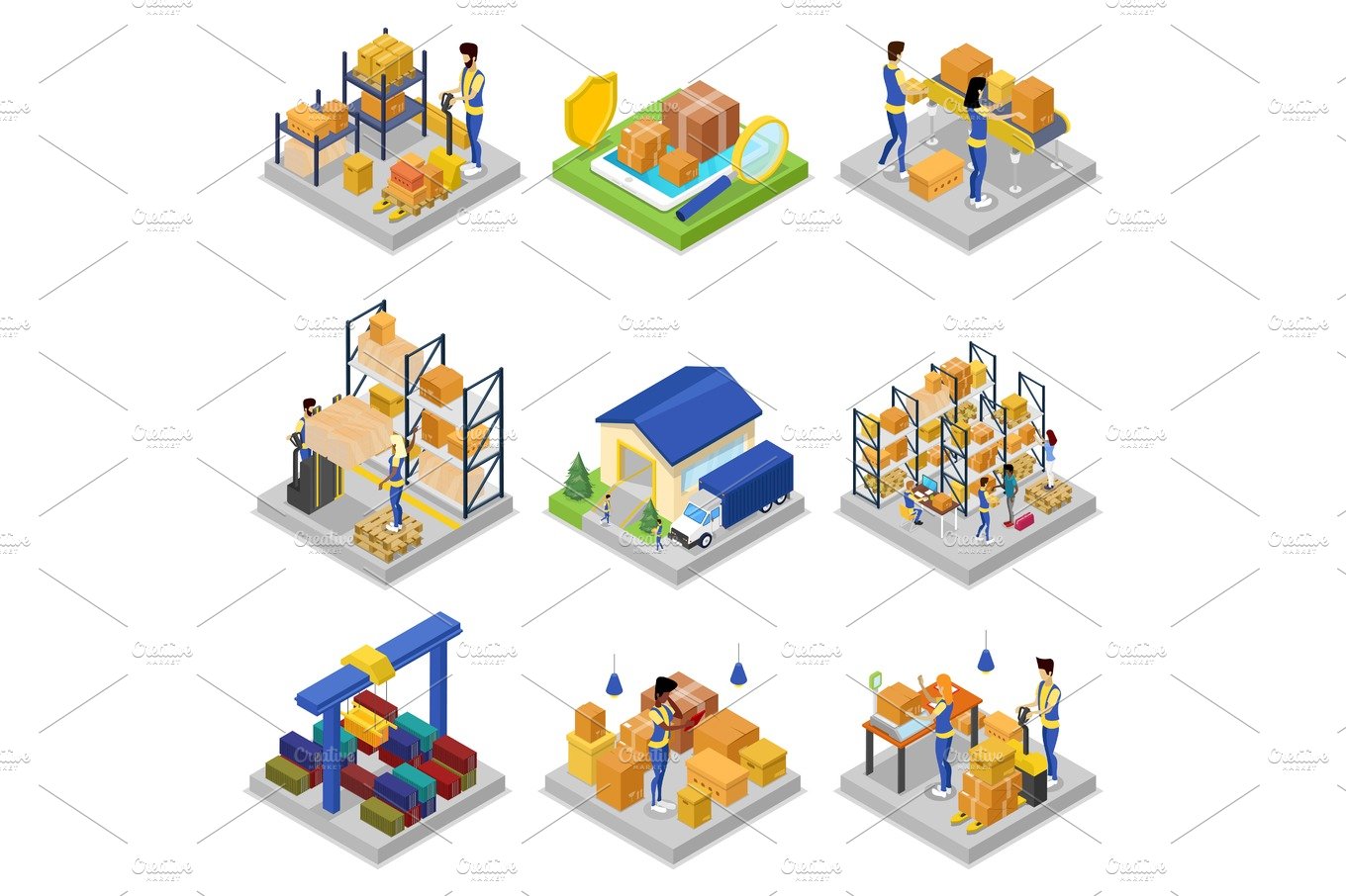 Warehouse management isometric 3D set cover image.