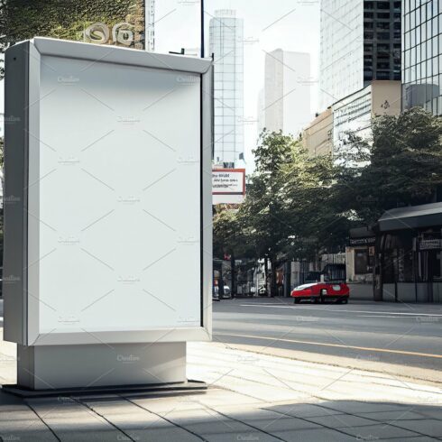 Billboard mockup at bus stop. Blank street billboard poster stand mock up i... cover image.