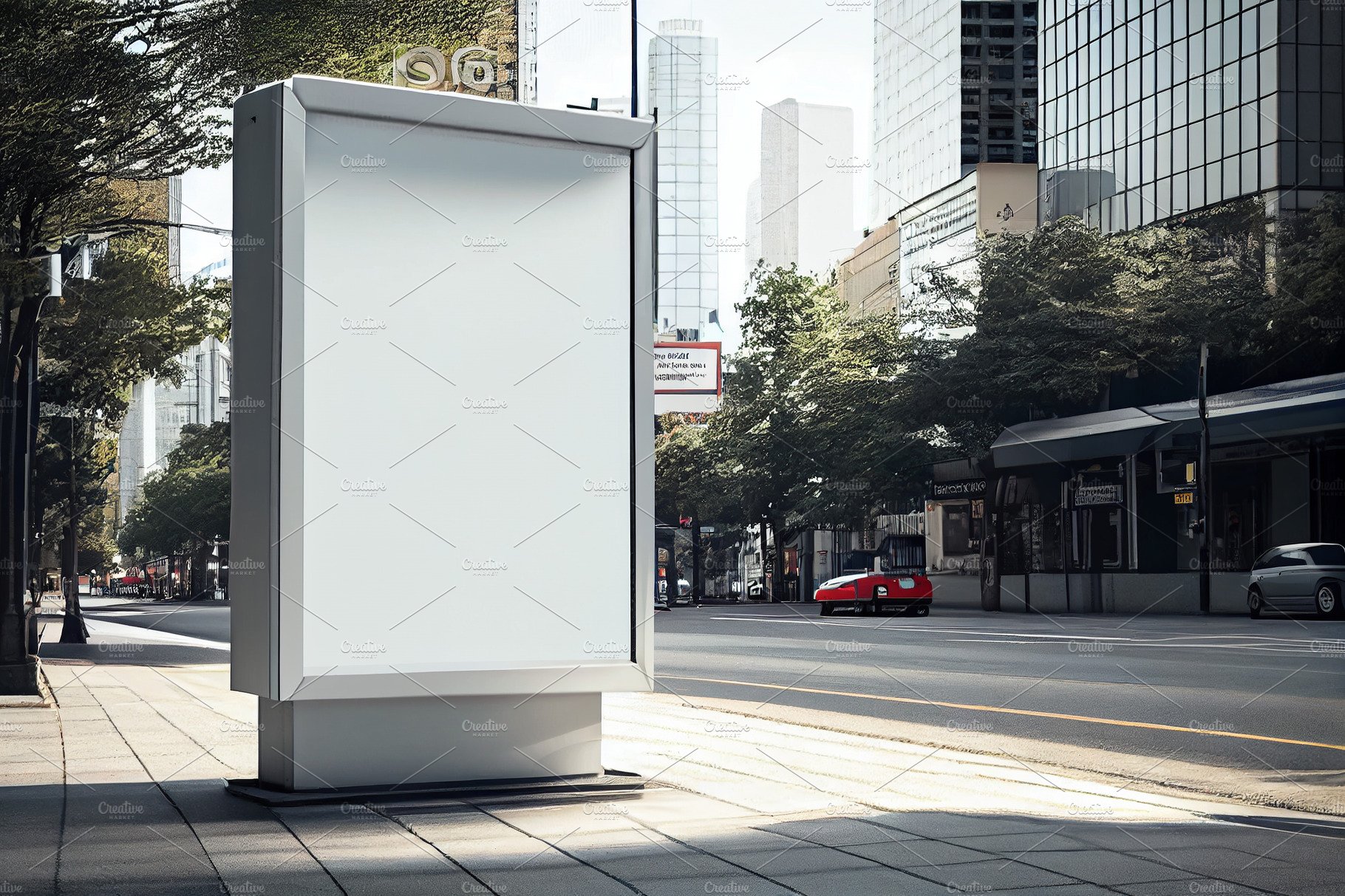 Billboard mockup at bus stop. Blank street billboard poster stand mock up i... cover image.