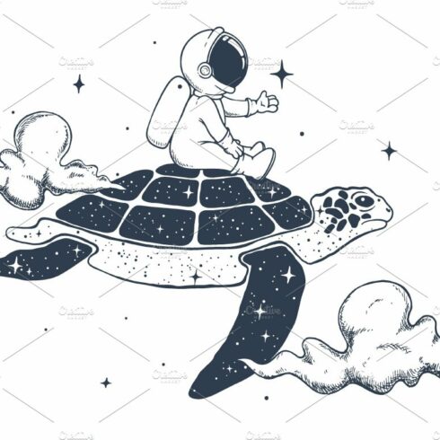 Astronaut flies on turtle in clouds cover image.