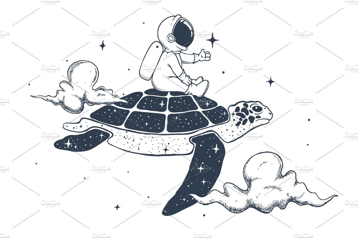 Astronaut flies on turtle in clouds cover image.