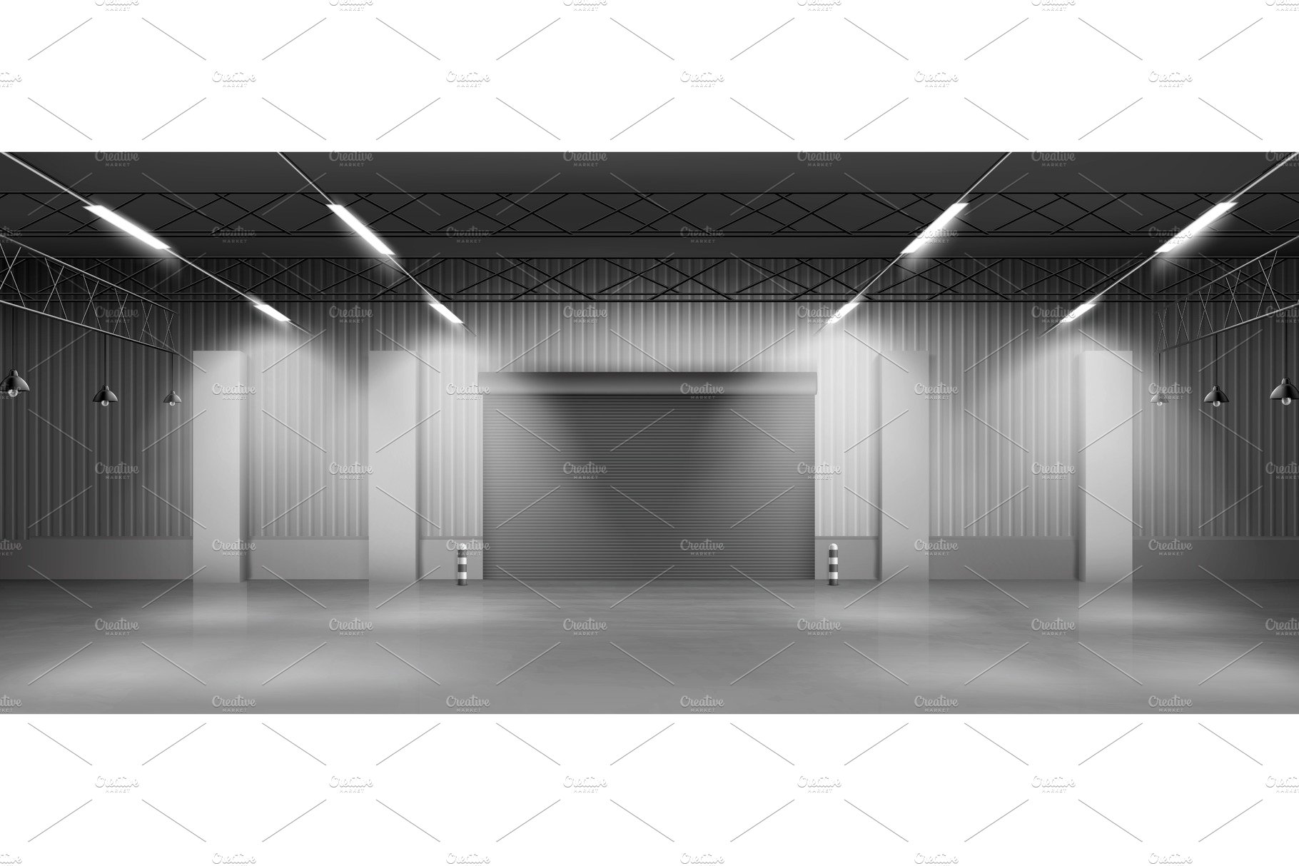 Empty warehouse hangar interior cover image.