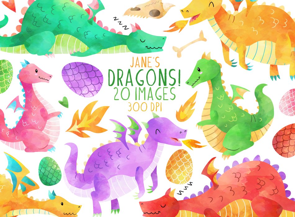 Watercolor Dragons Clipart cover image.