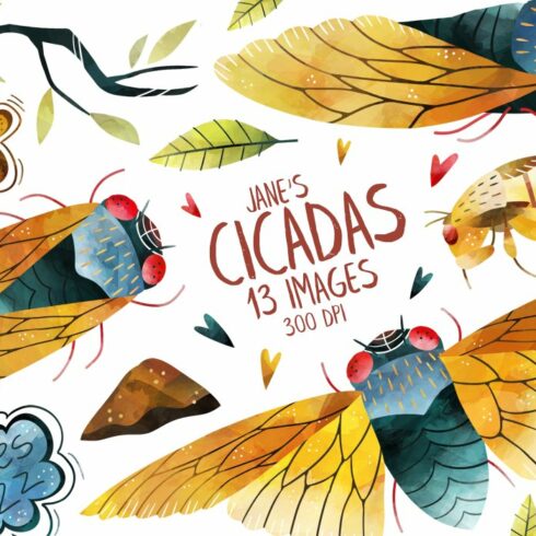 Watercolor Cicadas Clipart cover image.