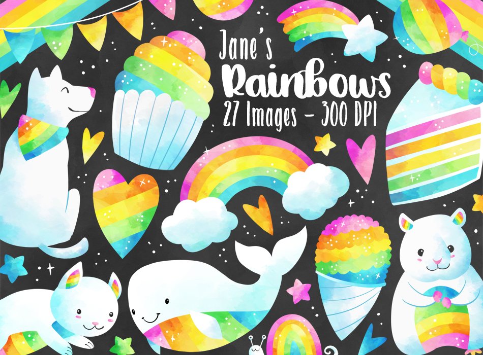 Watercolor Rainbow Party Clipart cover image.