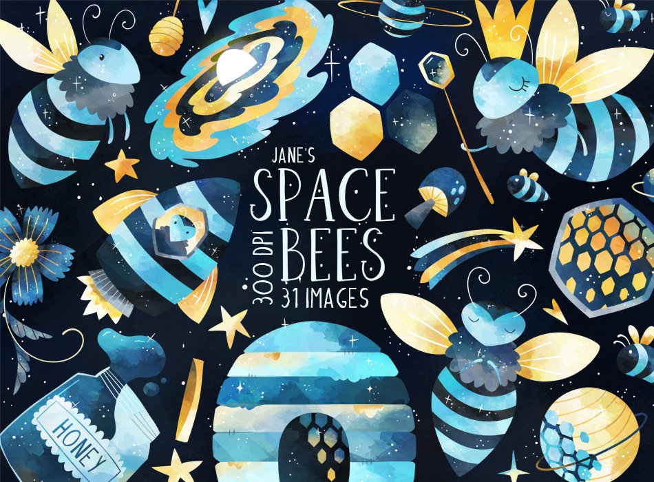 Watercolor Space Bees Clipart cover image.