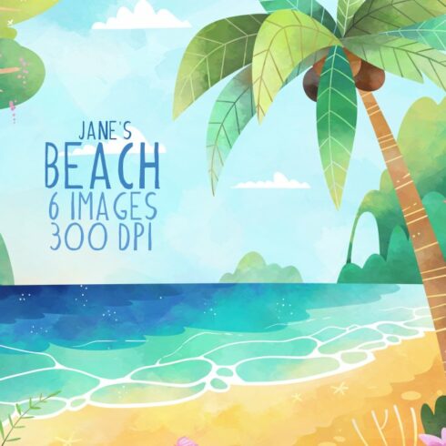 Watercolor Beach Scene Clipart cover image.