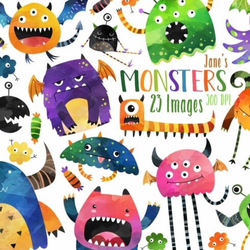 Watercolor Monsters Clipart cover image.
