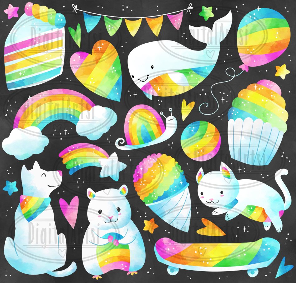 Watercolor Rainbow Party Clipart preview image.