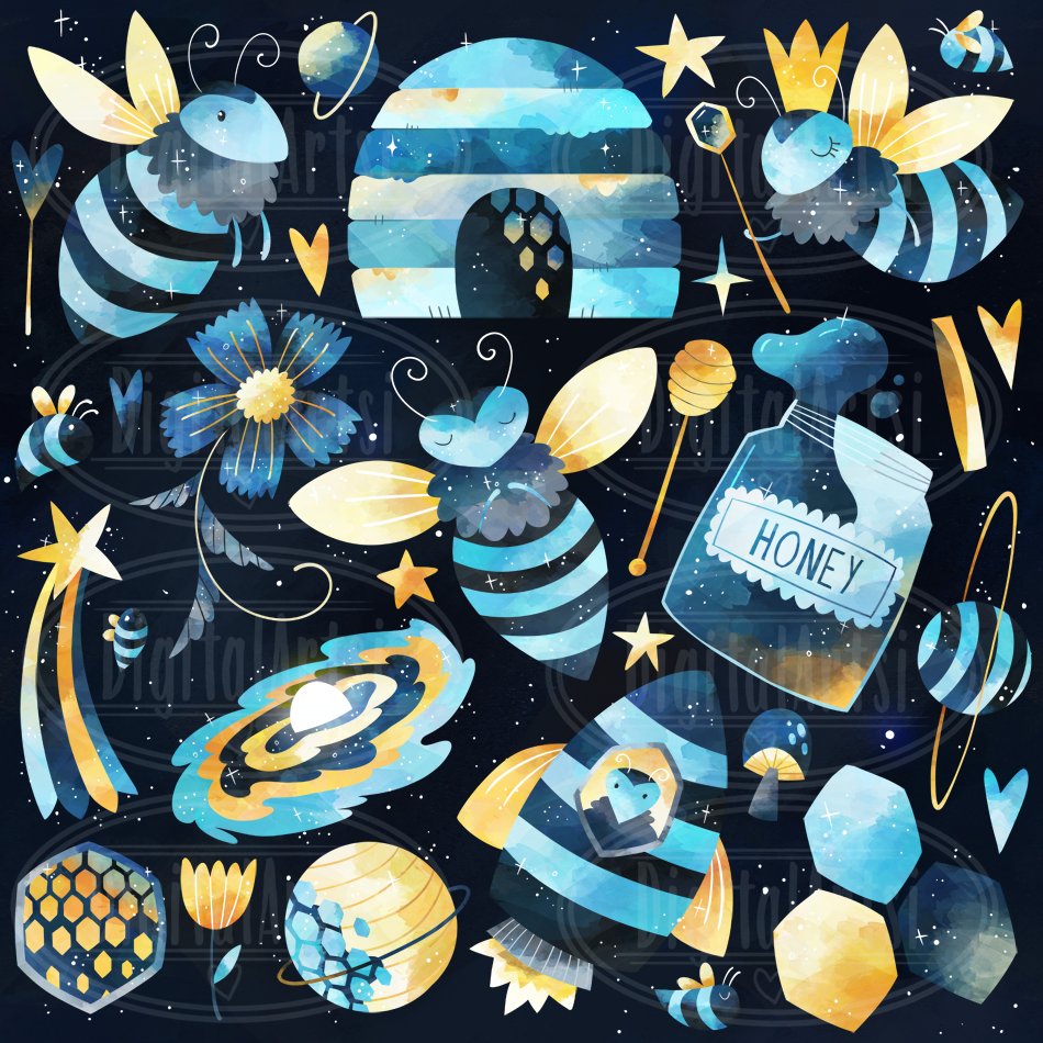 Watercolor Space Bees Clipart preview image.