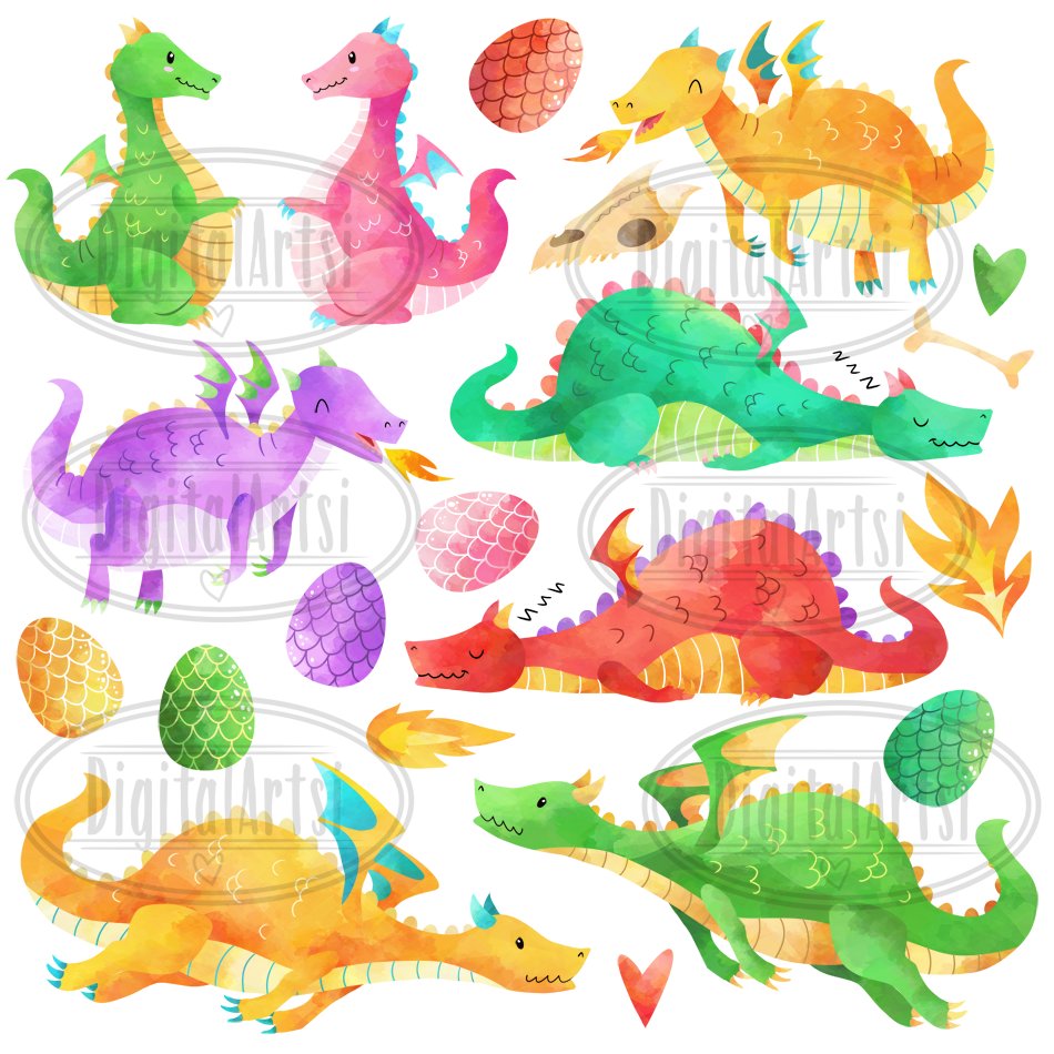 Watercolor Dragons Clipart preview image.