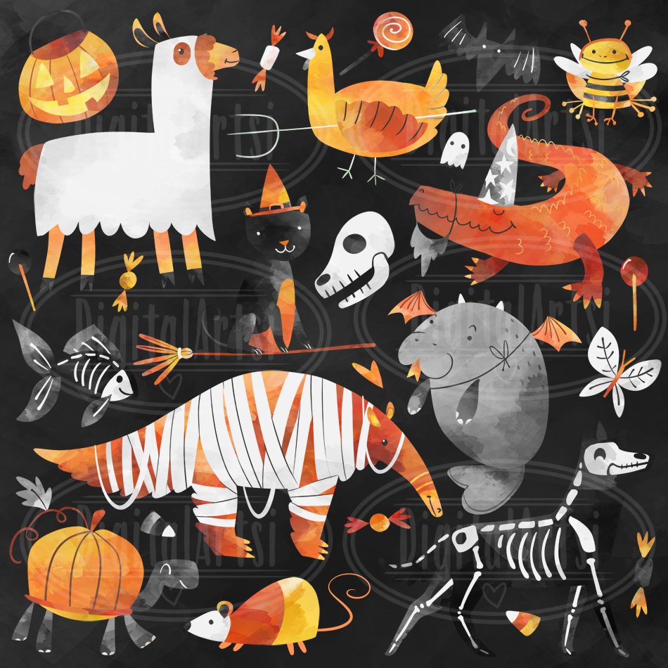 Watercolor Halloween Animals Set preview image.