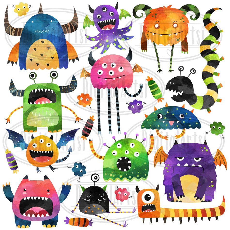 Watercolor Monsters Clipart preview image.
