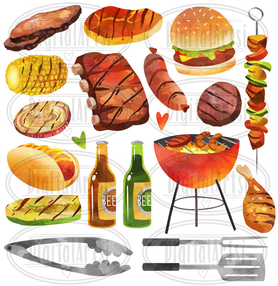Watercolor BBQ Clipart preview image.