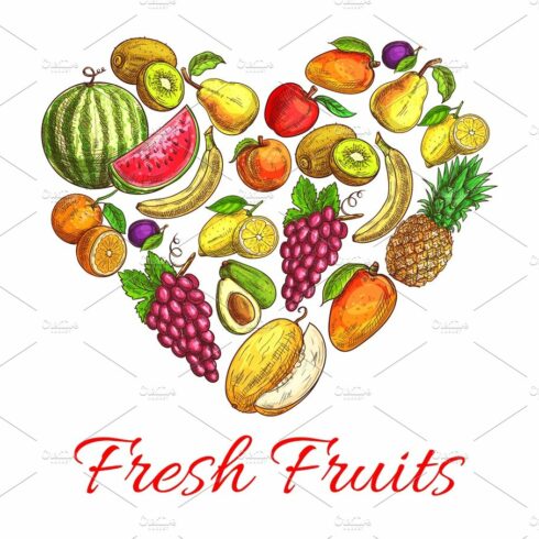 Fresh fruits and berries heart shape poster cover image.