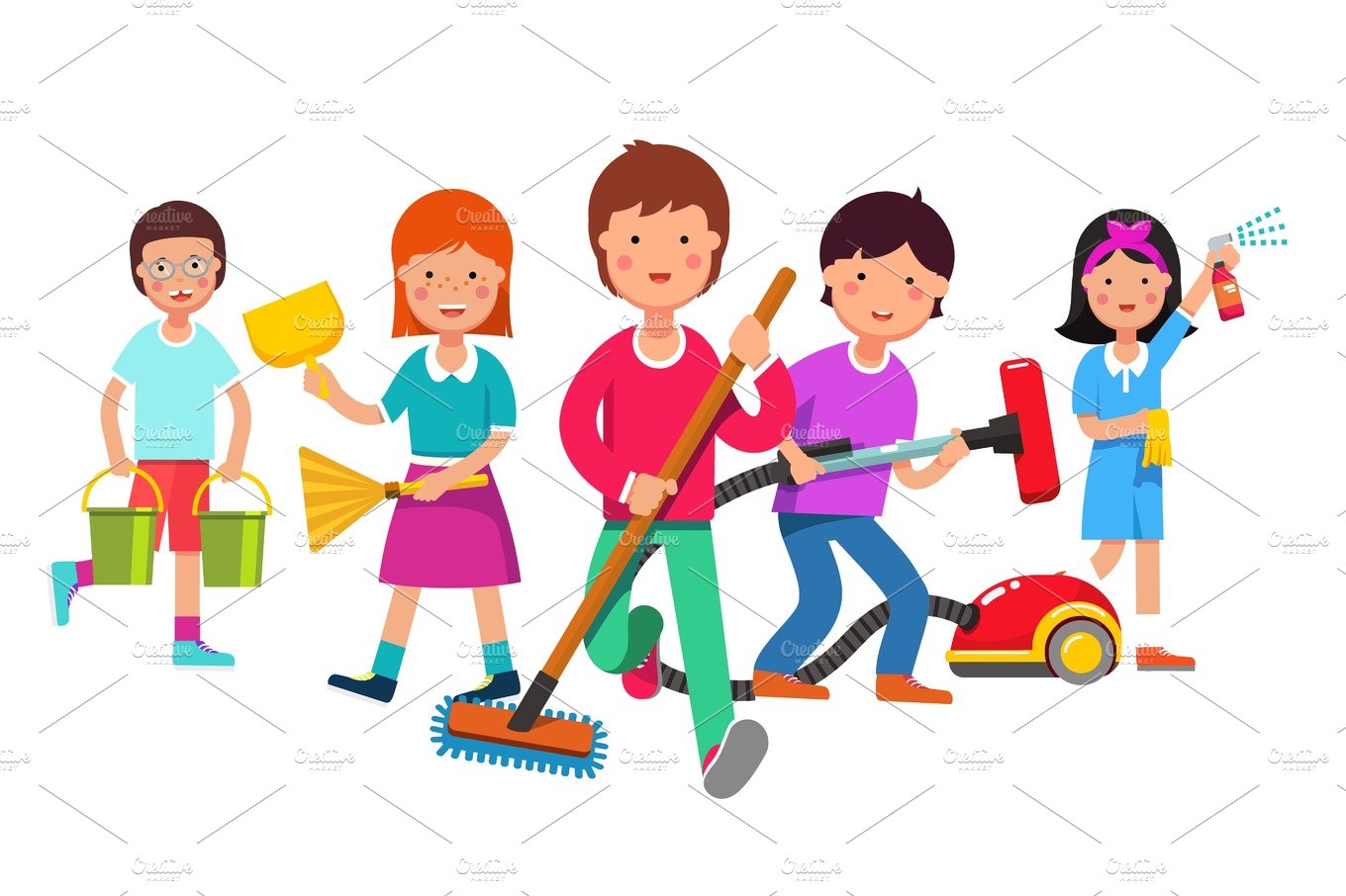 Kids cleaning team doing household chores cover image.