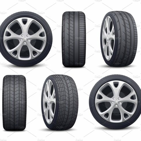 Automobile tires and wheels icons cover image.