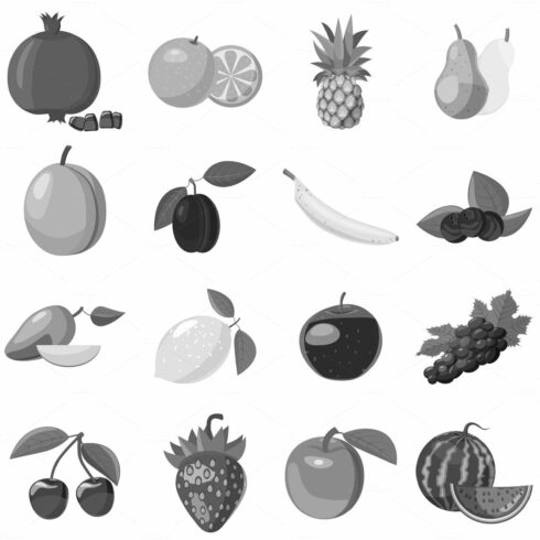Fruit icons set, gray monochrome cover image.