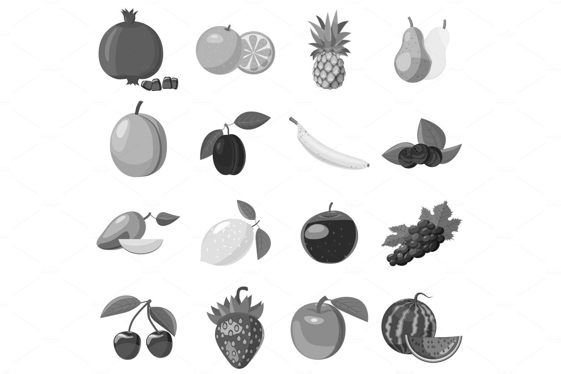 Fruit icons set, gray monochrome cover image.