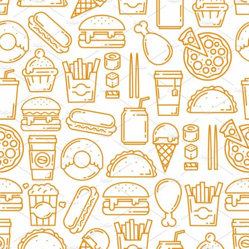 Fast food snacks, desserts pattern cover image.