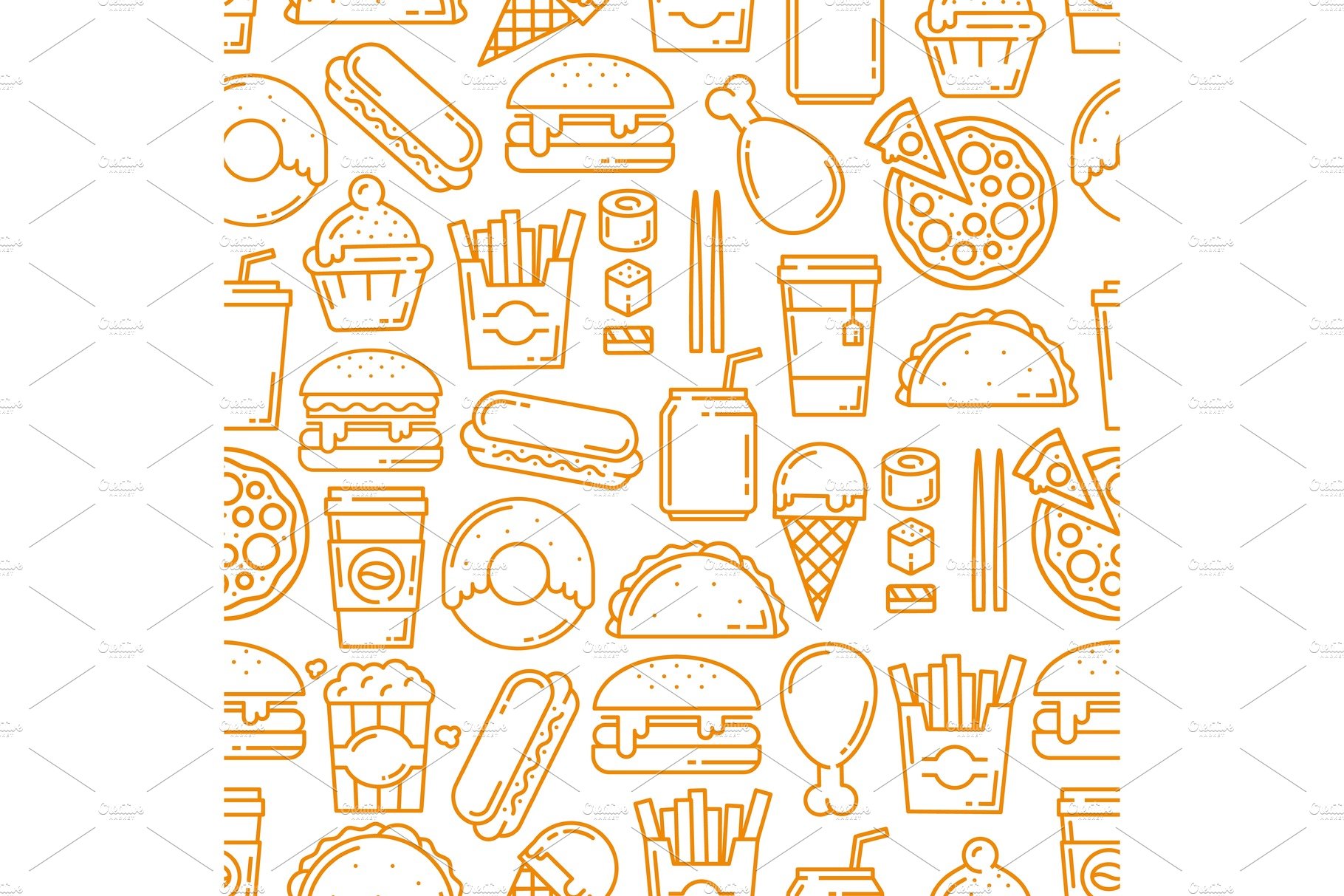 Fast food snacks, desserts pattern cover image.