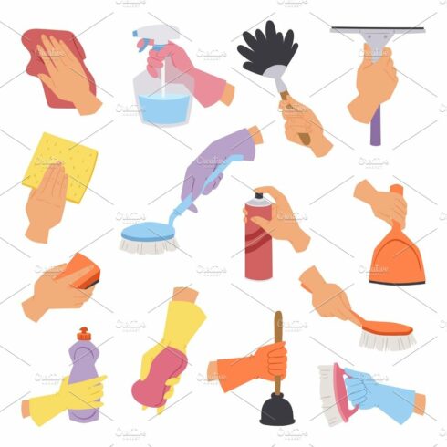 Vector collection with cleaning tools in hand flat style perfect for housew... cover image.
