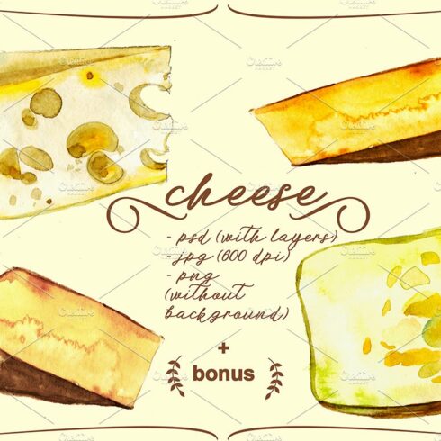 cheese, watercolor, seamless pattern cover image.