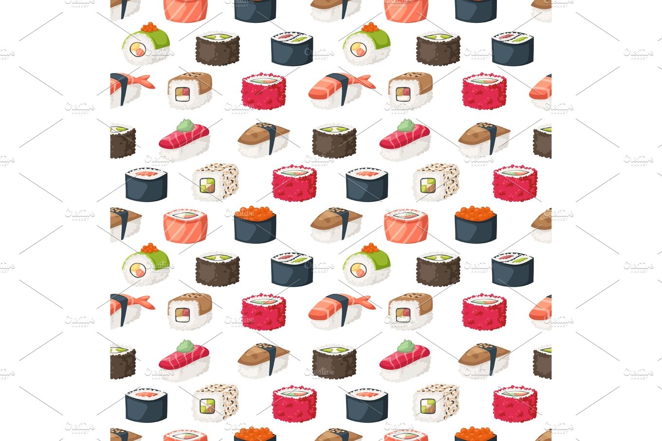 Sushi and rolls seamless pattern vector. cover image.