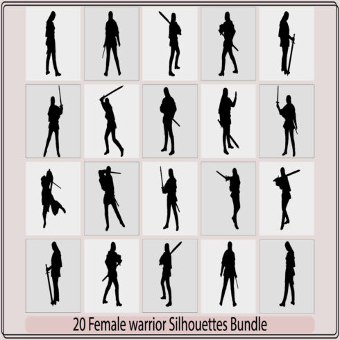 Knight woman silhouette Stylized silhouette of walking woman warrior with sword,Vector Silhouette of a fantasy female warrior archer aiming at her target cover image.