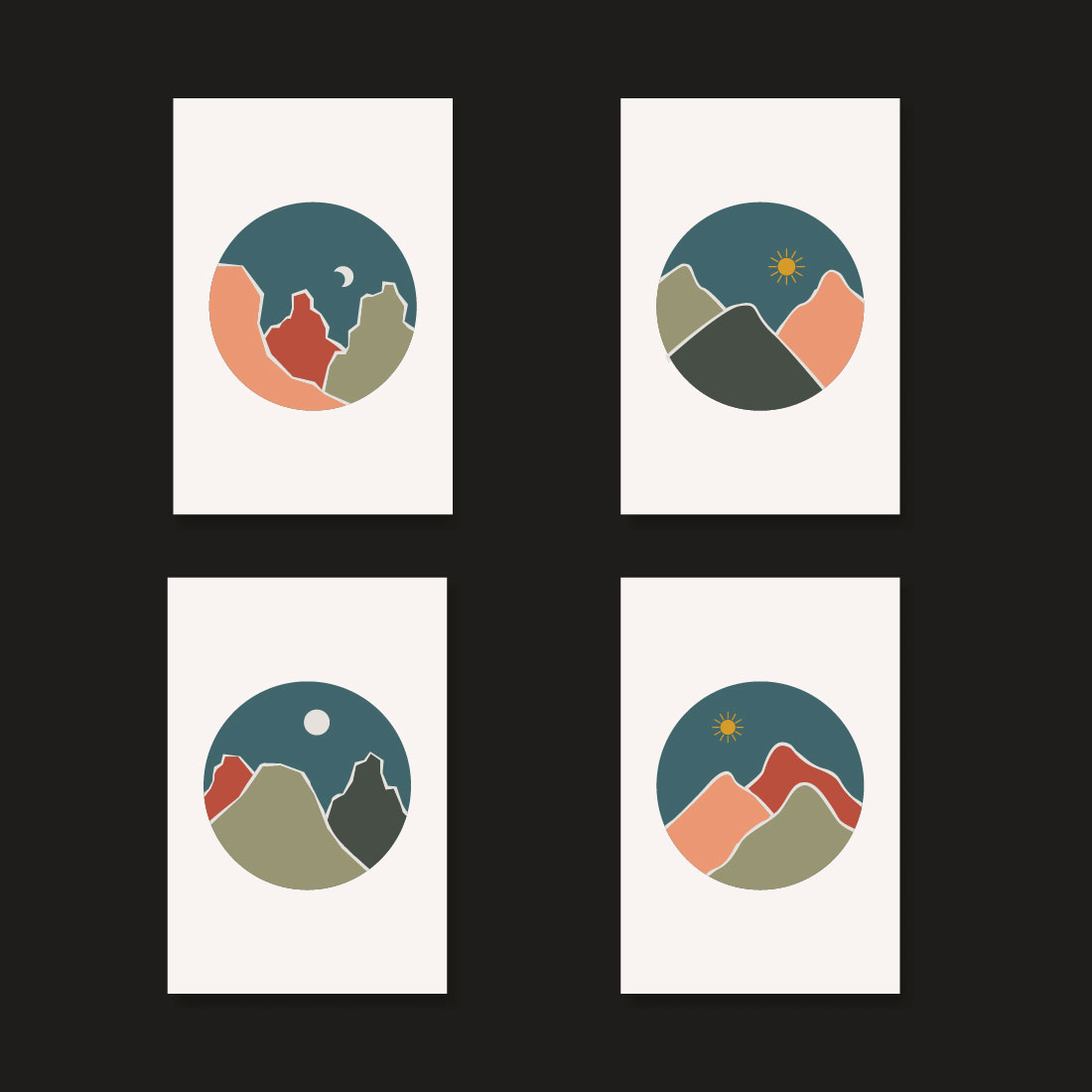 Set of 4 abstract landscape mountain posters vector illustration only $5 pinterest preview image.