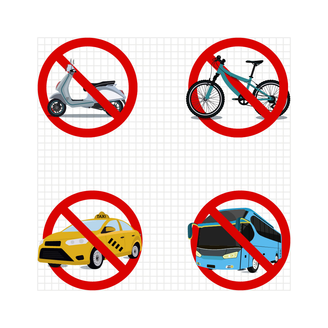 Warning no taxi, bus, bicycle and scooter sign and symbol vector illustration only $4 pinterest preview image.