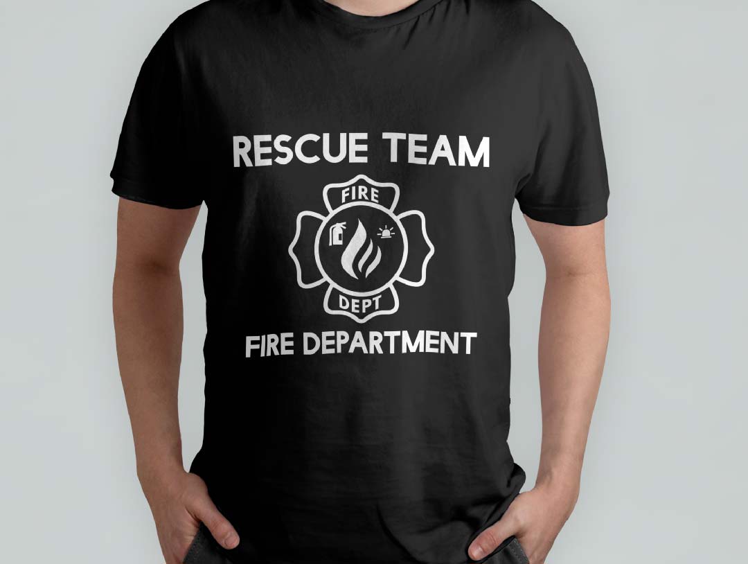 Man wearing a black rescue team fire department t - shirt.