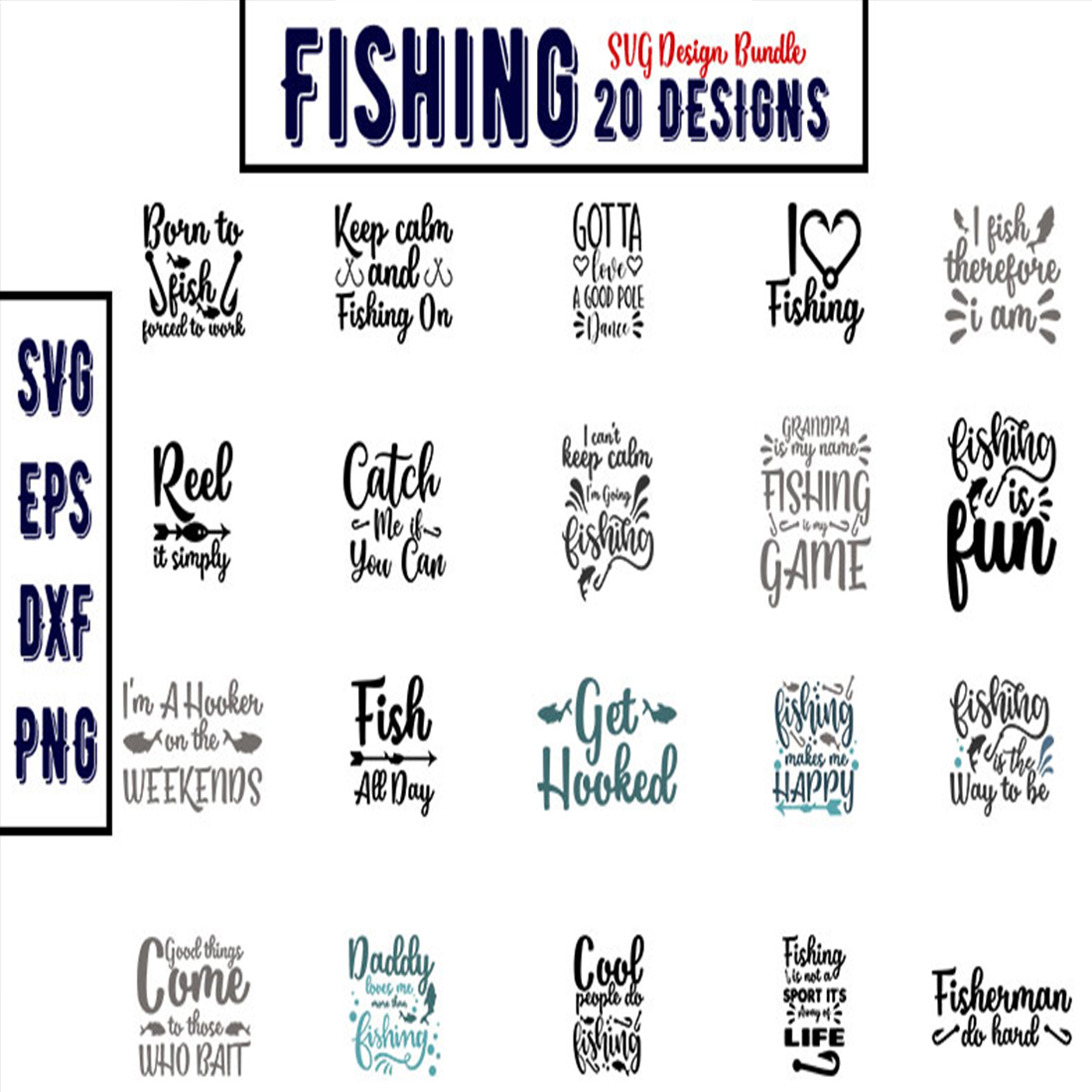 Simple Fish Skeleton Outline Patterns: DFX, EPS, PDF, PNG, and SVG Cut Files