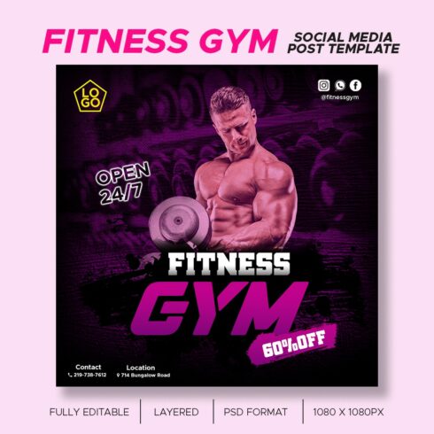 Fitness Gym Social media post template cover image.