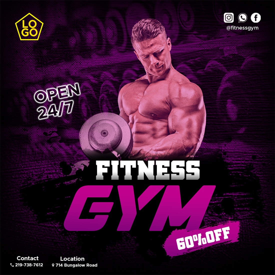 Fitness Gym Social media post template preview image.
