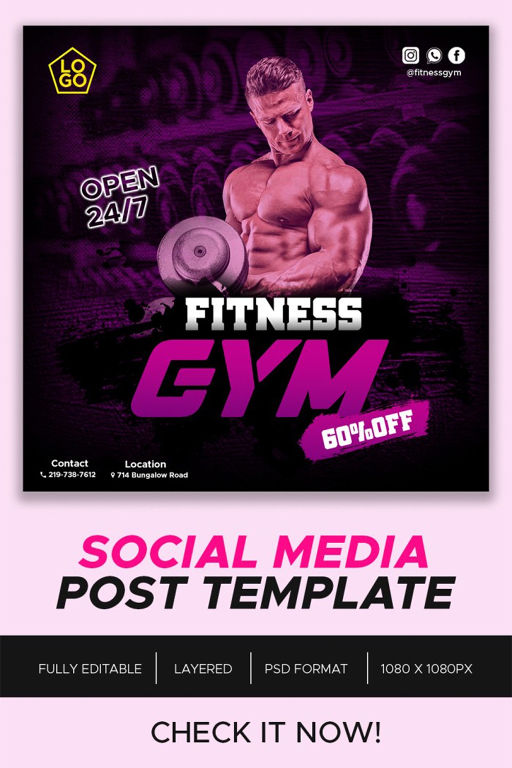 Fitness Gym Social media post template pinterest preview image.
