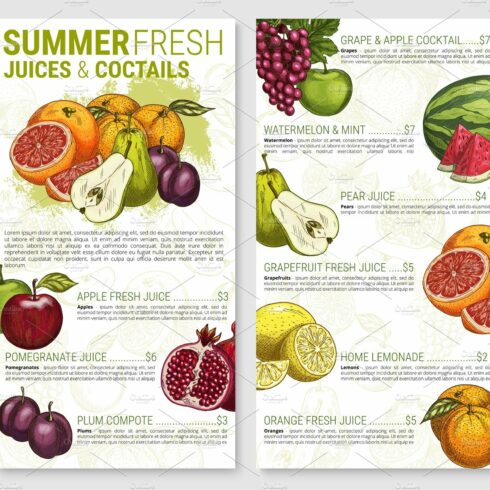 Vector menu sketch for tropical exotic fruit juices cover image.